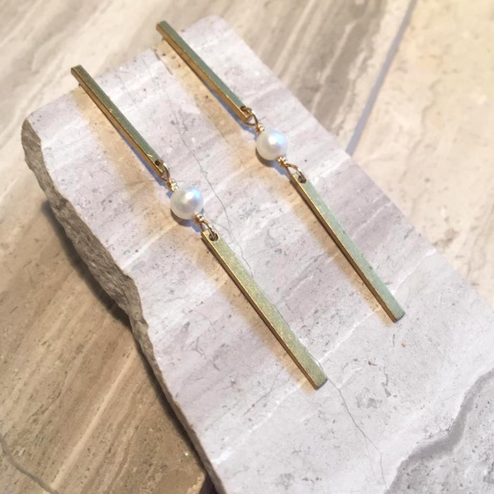Long Brass bar w/ Pearl — Post Earrings